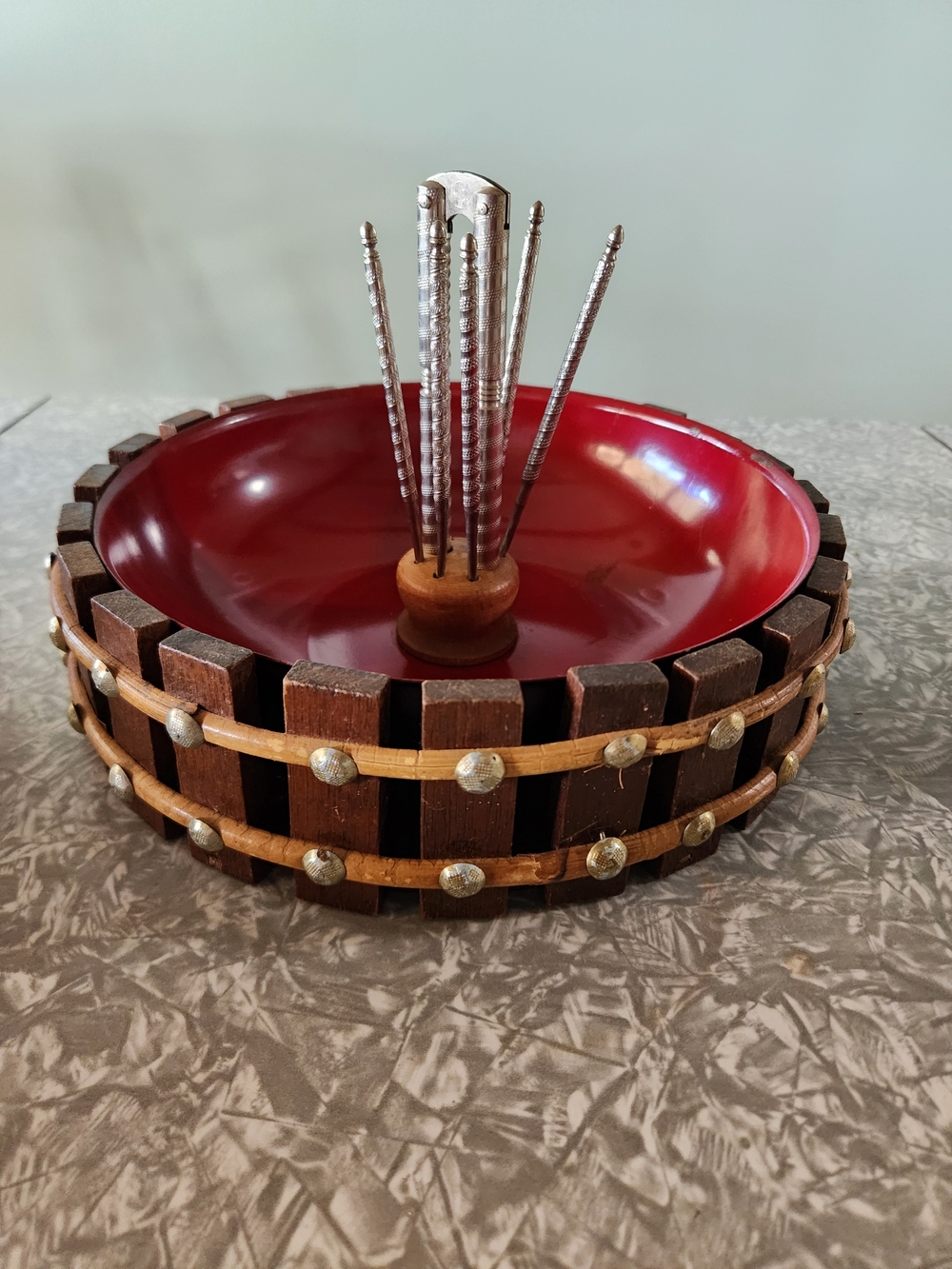 Vintage Source Unknown Red Enamel Nut Bowl with Wooden Rim and Metal Picks
